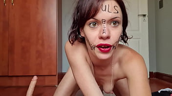 Self degrading tart smacks and gags herself