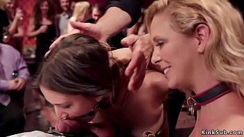Girl-on-girl subs MILF Cherie Deville and Mystica Jade slurping while getting buttfuck hookup from big dick master at bondage & discipline orgy soiree in the upper floor