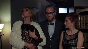 Girl/girl dom torments red-haired big tits honey in stool restrain bondage then in rear end style in sofa whips her culo and fucks with strap on sausage