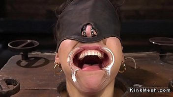Ball-gagged dark haired gimp buttfuck hooked till nude feet tormented